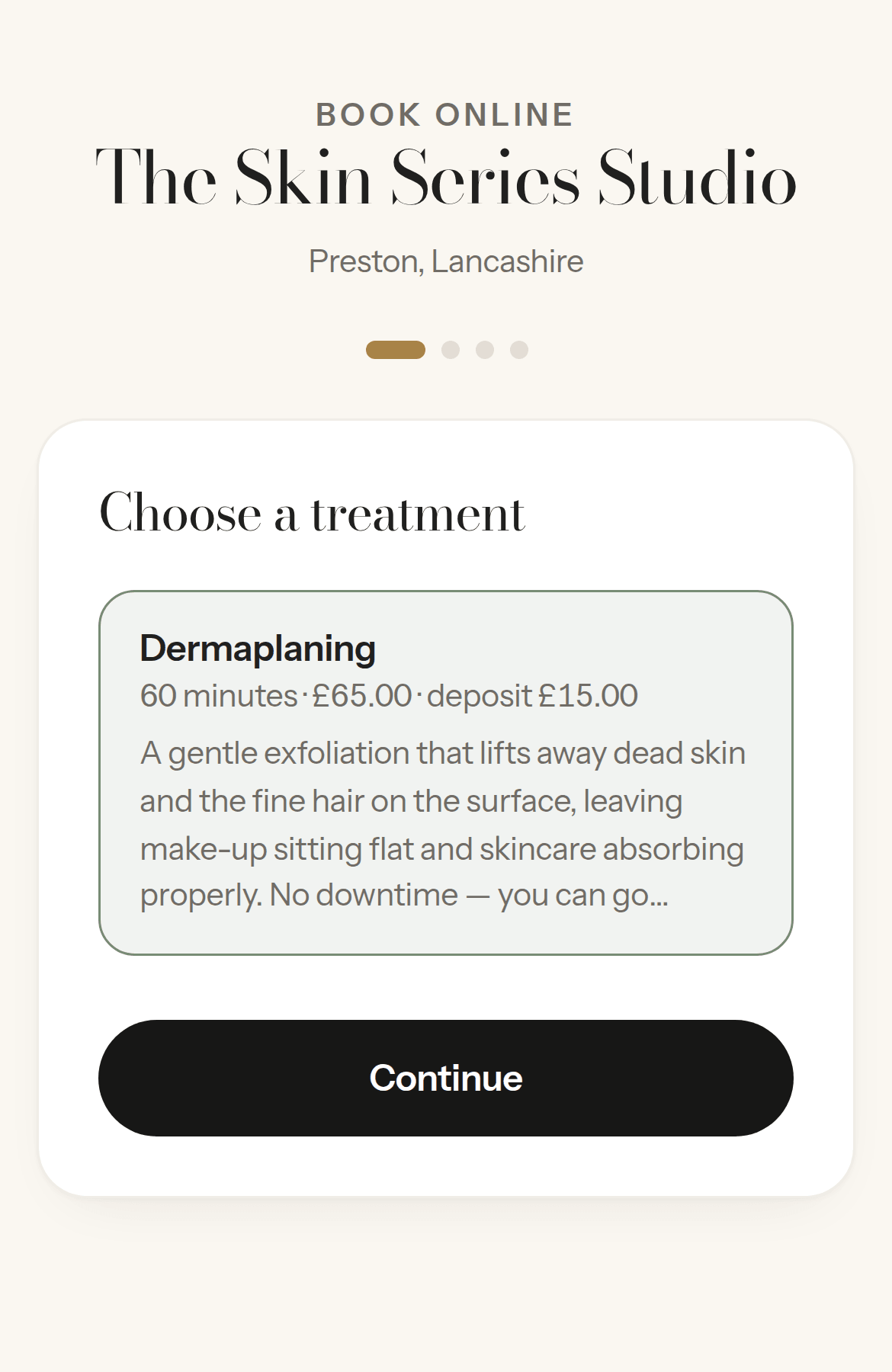 A booking page on a phone: the studio name, a treatment showing its length, price and deposit, a description of what it involves, and a Continue button.
